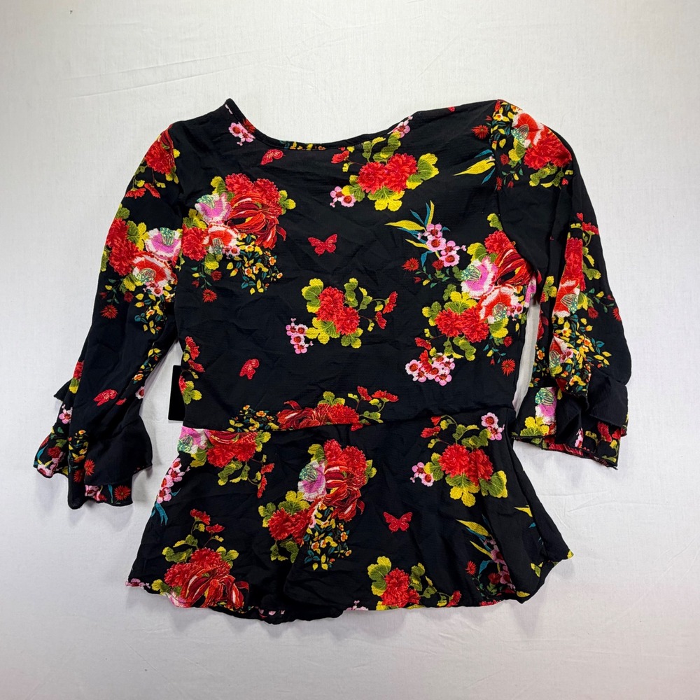 Wishful Black Floral Print Ruched V Neck 3/4 Sleeve Peplum Top XL Grande - Picture 4 of 6